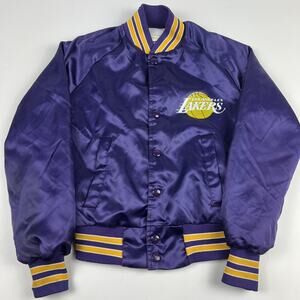 Vintage 80s LA Lakers NBA Purple Bomber Jacket Chalk Line Youth Size 10/12